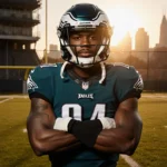 Jalen Carter stands on a football field with his arms crossed and Philadelphia Eagles gear under a warm sunset.