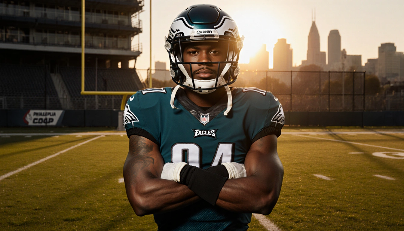 Jalen Carter stands on a football field with his arms crossed and Philadelphia Eagles gear under a warm sunset.