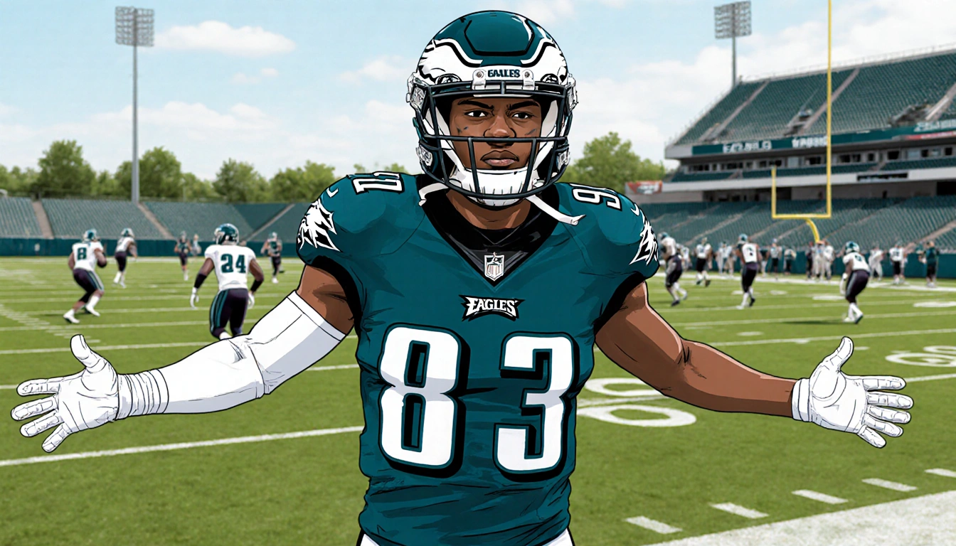 Jalen Carter stands on football field with Eagles jersey and bandage on shoulder and open arms showing confidence