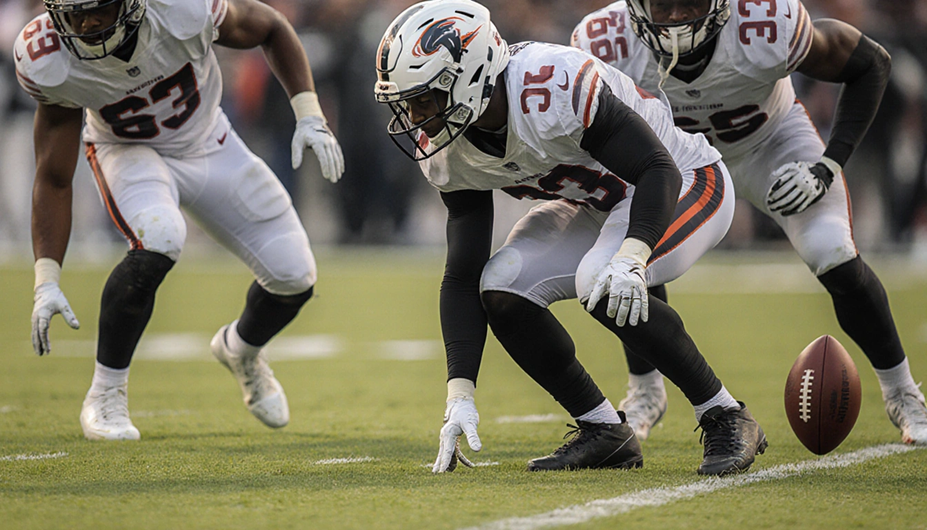 Jalen Carter staring at the ball with Jordan Davis and Byron Young in a diagonal line as a low football kick flies in backgro