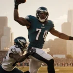 Jalen Carter slams forward with raised helmet and quarterback beside him with Philadelphia skyline in warm golden light on th