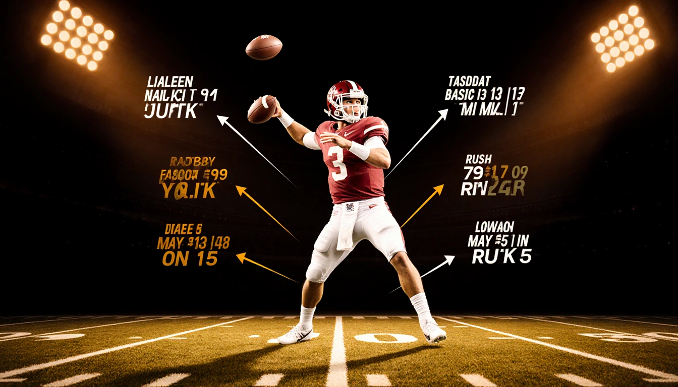 Jalen Hurts throwing a football toward a touchdown with arrows radiating from him Lamar Jackson Drake Maye stats in backgroun