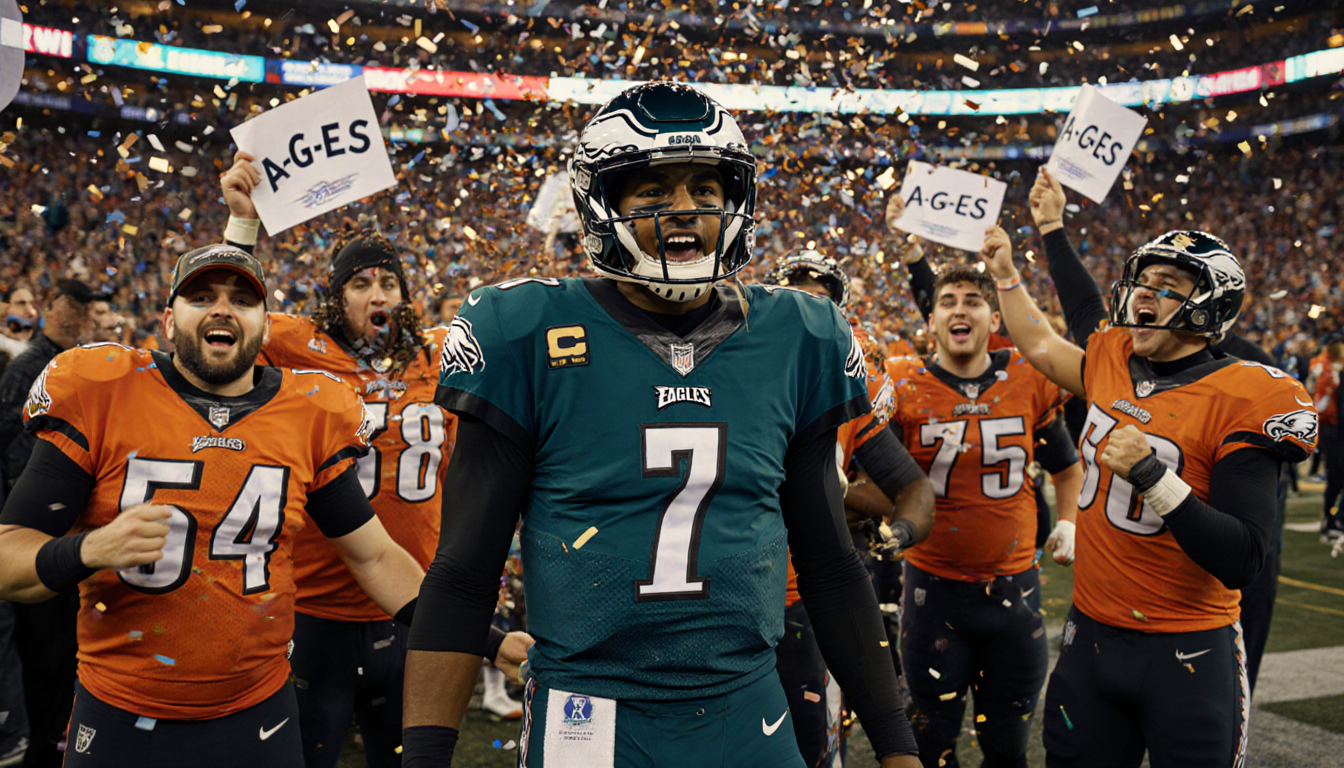 Jalen Hurts celebrates with teammates amid confetti and fans in orange jerseys and green jerseys with Philadelphia skyline be
