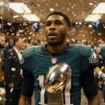 Jalen Hurts Eagles stands triumphantly with teammates and confetti in a golden-lit locker room showing championship hardware