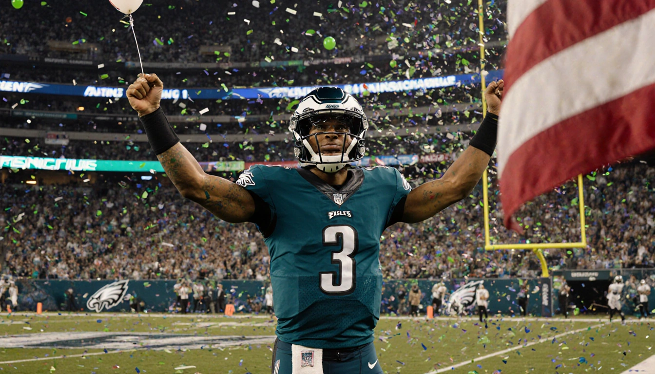 Jalen Hurts raising arms with confetti and a giant American flag in a packed Philadelphia Eagles stadium.