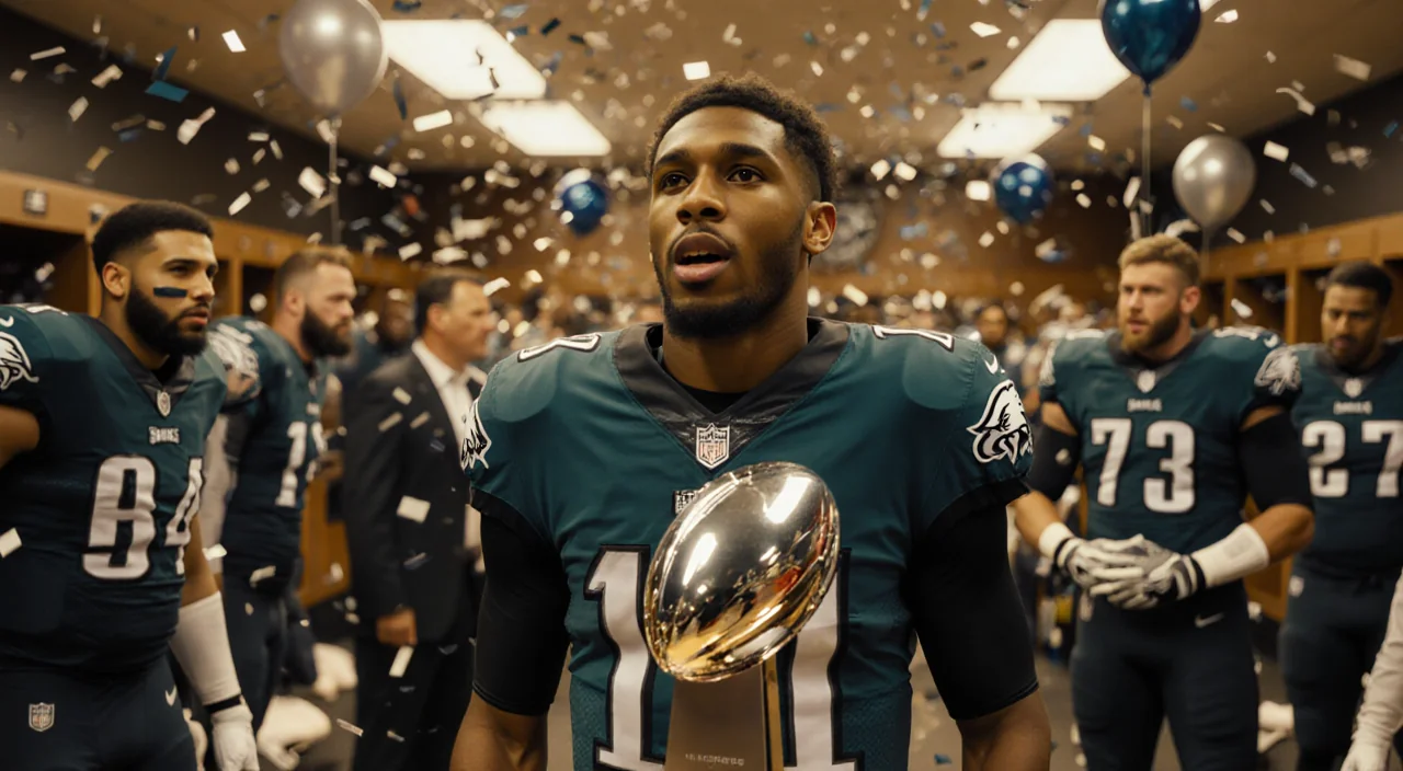 Jalen Hurts Eagles stands triumphantly with teammates and confetti in a golden-lit locker room showing championship hardware
