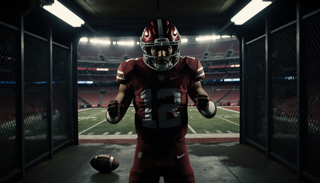 Jalen Hurts standing alone with a discarded football at his feet in a dim stadium tunnel.