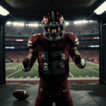 Jalen Hurts standing alone with a discarded football at his feet in a dim stadium tunnel.