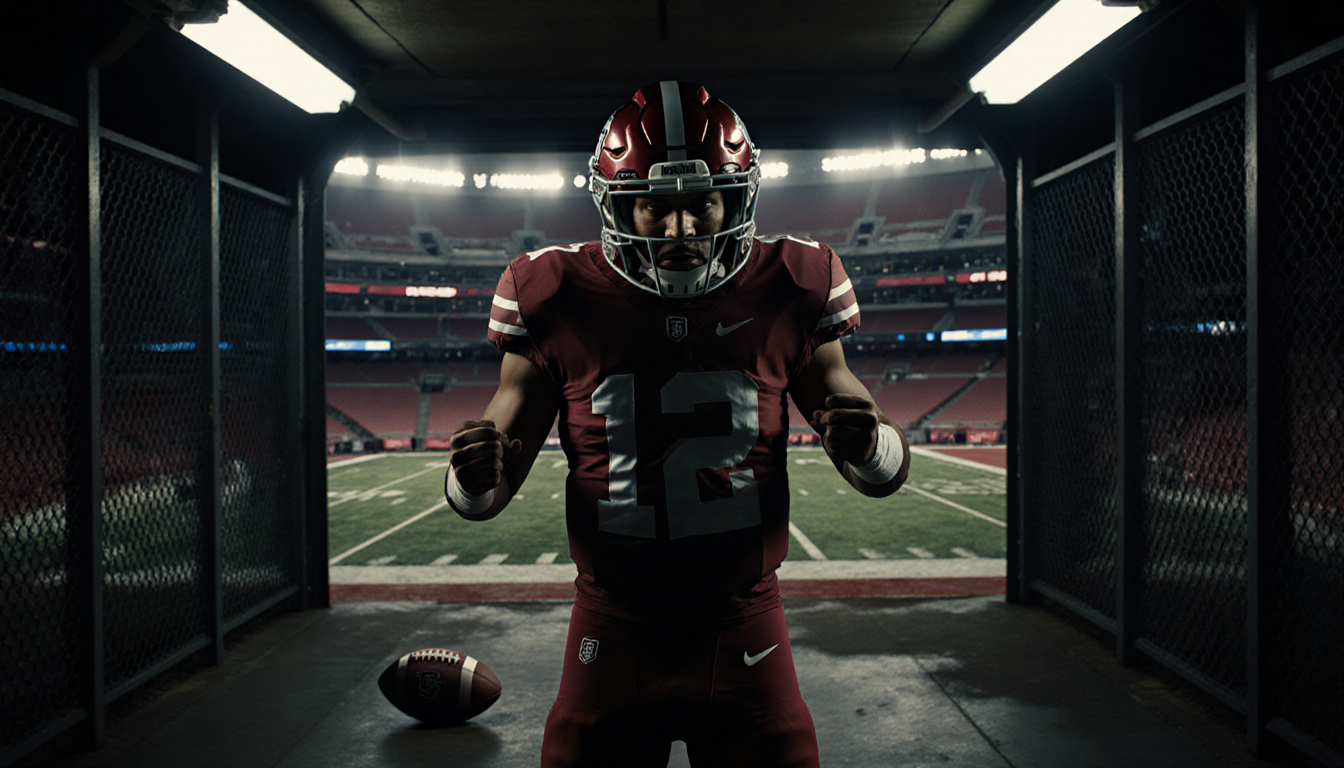 Jalen Hurts standing alone with a discarded football at his feet in a dim stadium tunnel.