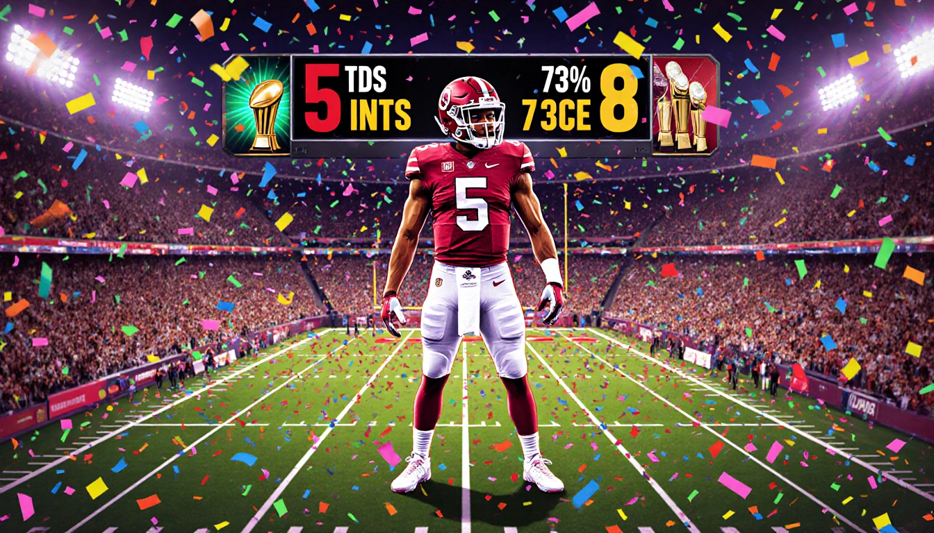 Jalen Hurts celebrates in stadium with confetti and cheering fans scoreboard shows 5 TDs 0 INTs 73% accuracy trophies around