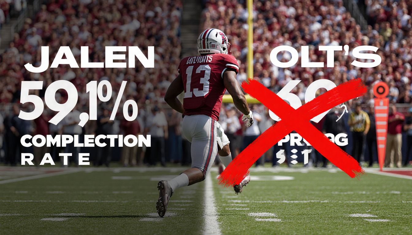 Football player running back to camera with jersey 13 Jalen Hurts in bubbles, divided into pass interception marked by red X.