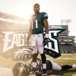 Jalen Hurts stands with gloves at his feet a blurred teammate on the ground and a field the Washington Commanders stadium.