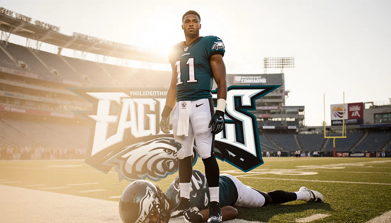 Jalen Hurts stands with gloves at his feet a blurred teammate on the ground and a field the Washington Commanders stadium.