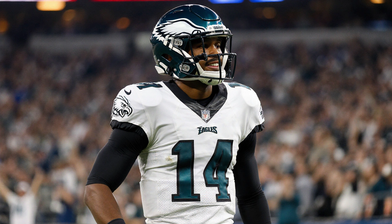 Jalen Hurts stands on sideline with Philadelphia Eagles helmet and pads while fans blur in background.