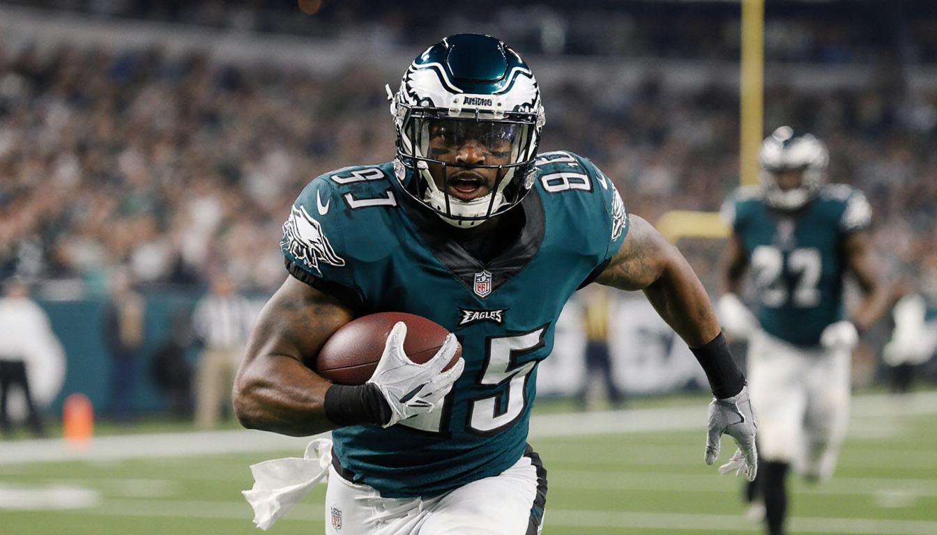 Jalyx Hunt intercepts football with triumphant expression and a Jerome Brown era patch on his Eagles helmet