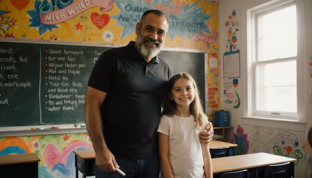 James standing proudly beside his daughter with a chalkboard marker and a mural of inspirational quotes with a warm glow
