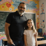 James standing proudly beside his daughter with a chalkboard marker and a mural of inspirational quotes with a warm glow