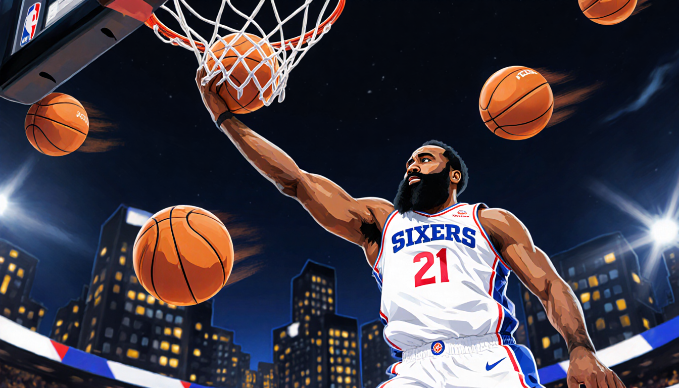 James Harden soaring midair shooting with three balls swirling around him and a night cityscape behind.