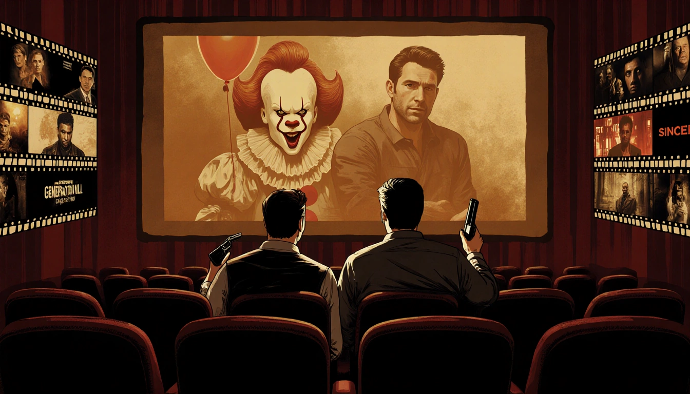 Ziggy Sobotka and Eddie Kaspbrak sit and look at the screen in a movie theater with props and film reels projected behind the