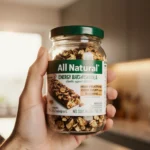Person holding jar labeled All Natural with sly grin near warm kitchen showing hidden sugars