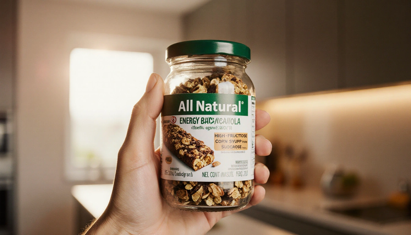 Person holding jar labeled All Natural with sly grin near warm kitchen showing hidden sugars