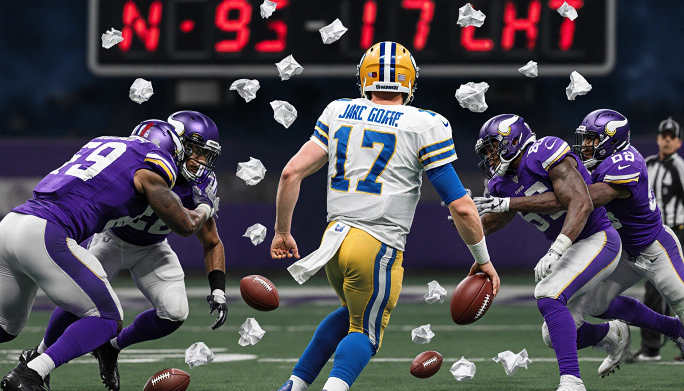 Quarterback Jared Goff scrambling away with Vikings defenders surrounding and fumbles scattered around.