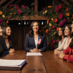 Jasmine Crockett speaking at a table with Democratic Party documents and a Texas Senate seat application in a flowered barn