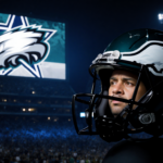 Jason Avant’s face reflecting in shattered helmet with Eagles logo and blue glow warning in stadium