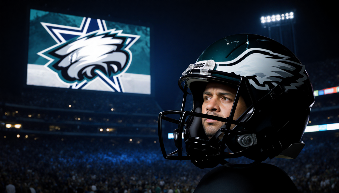 Jason Avant’s face reflecting in shattered helmet with Eagles logo and blue glow warning in stadium