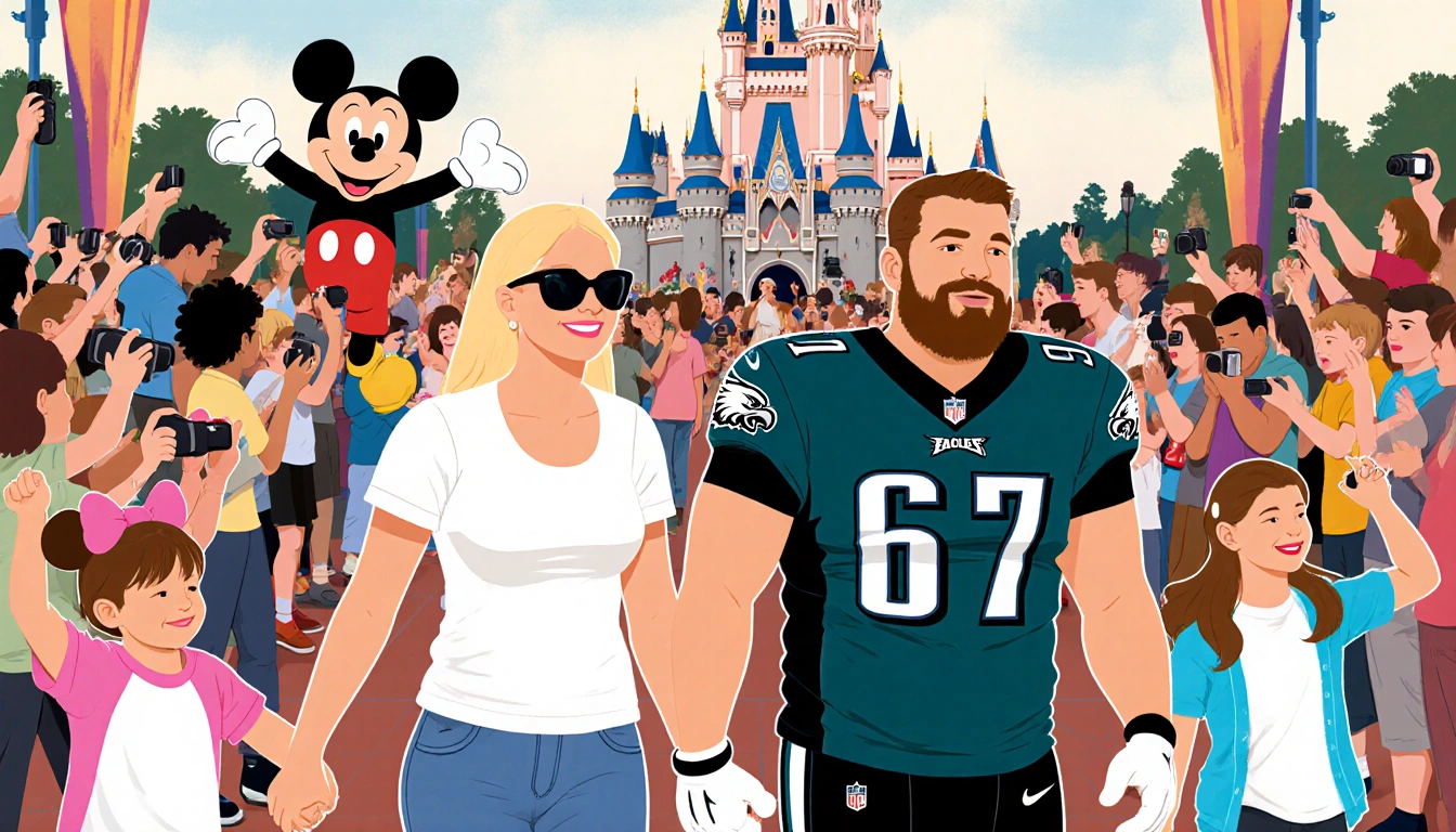 Jason Kelce and his wife walking hand in hand toward a Mickey Mouse meet-and-greet with his Eagles jersey visible and Kylie w