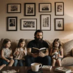 Jason Kelce sitting in living room with four daughters playing and reading and watching a movie among family photos