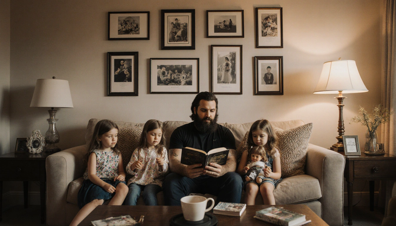 Jason Kelce sitting in living room with four daughters playing and reading and watching a movie among family photos