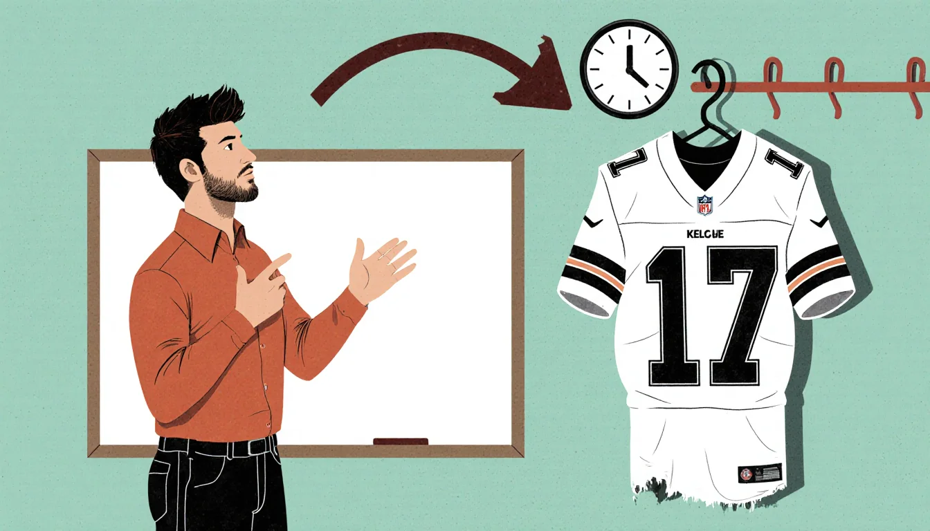 Jason Kelce speaking with a torn football jersey on a hook and a ticking clock in background