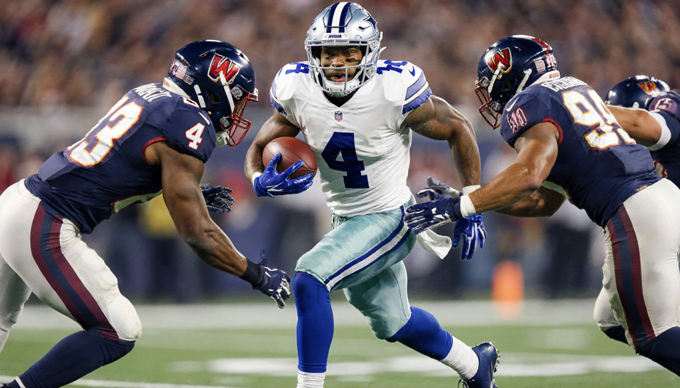 Javonte Williams breaking through defenders mid-stride with determined expression and football