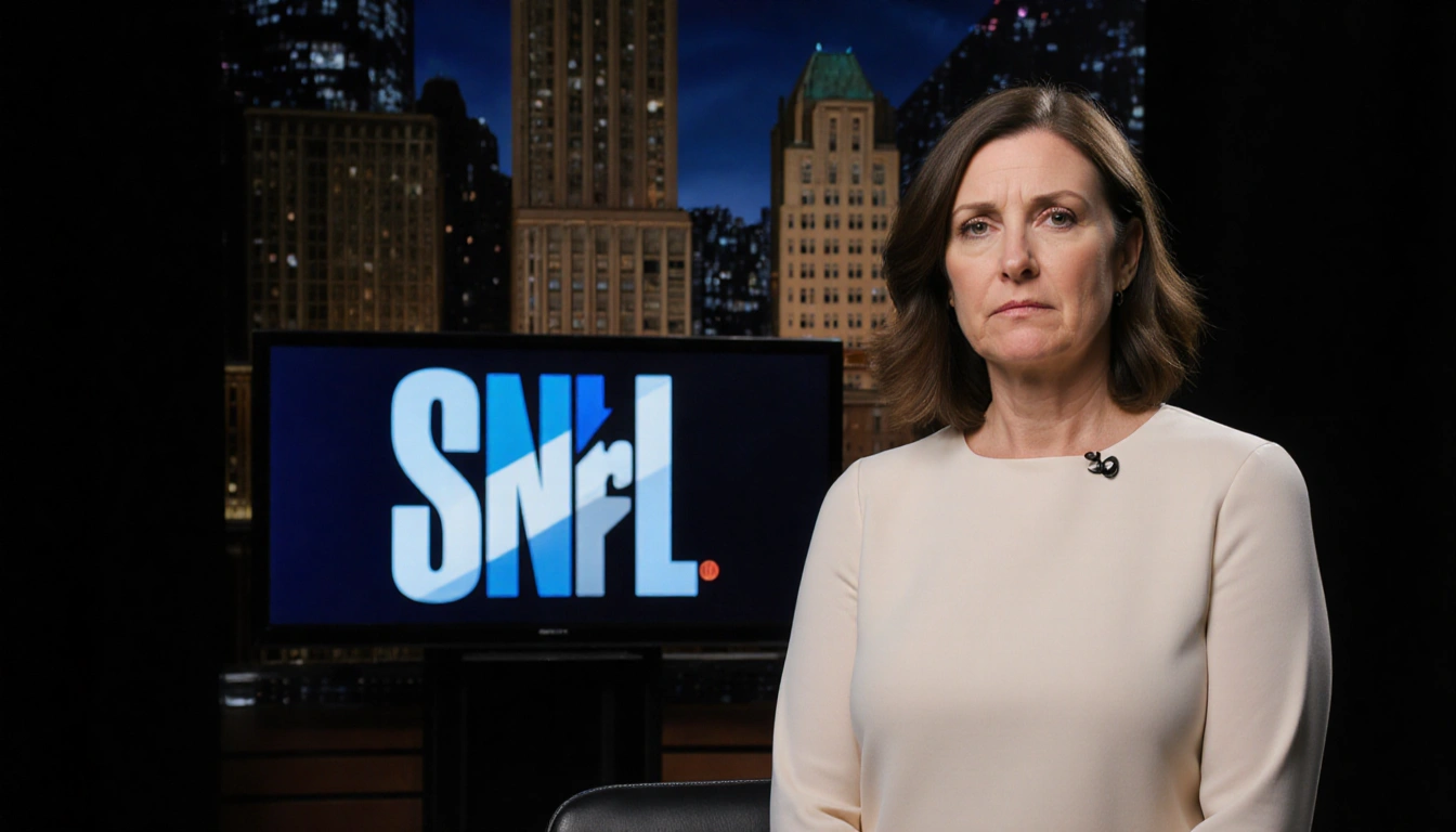 Jayni Chase standing with empty chair and TV screen showing SNL logo and determined face reflecting Chevy Chase's absence