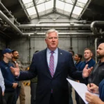 Vice President JD Vance speaking with industrial Lehigh Valley backdrop and diverse workers listening about economic growth