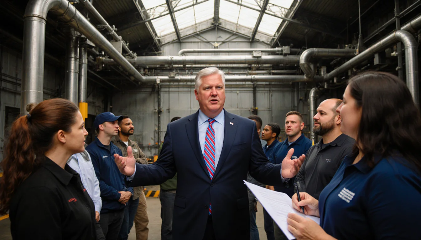 Vice President JD Vance speaking with industrial Lehigh Valley backdrop and diverse workers listening about economic growth