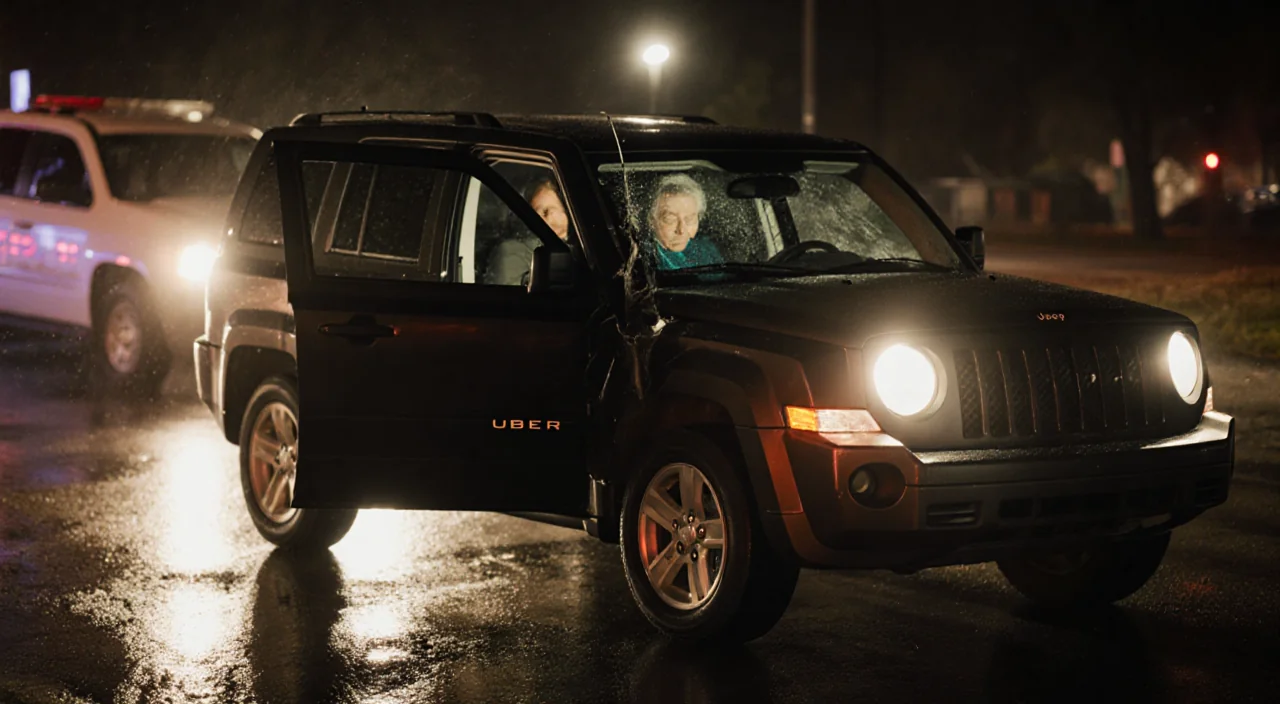 Jeep Patriot collides with an Uber showing damage and a 63‑year‑old woman's body visible through the torn passenger door.