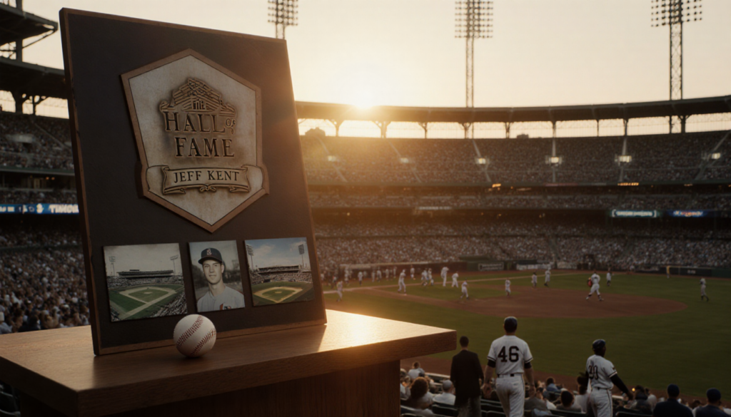 Stadium lights dimming at sunset with Jeff Kent baseball plaque and exiting crowd