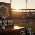 Stadium lights dimming at sunset with Jeff Kent baseball plaque and exiting crowd