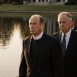 A solemn bishop leading a funeral procession with mourners beside a lake reflecting golden light and subtle LDS symbols.