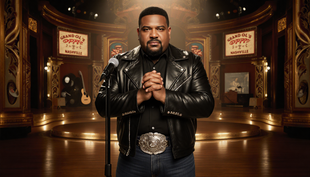 Jelly Roll confidently holds microphone at Grand Ole Opry stage with polished leather jacket reflecting golden details.