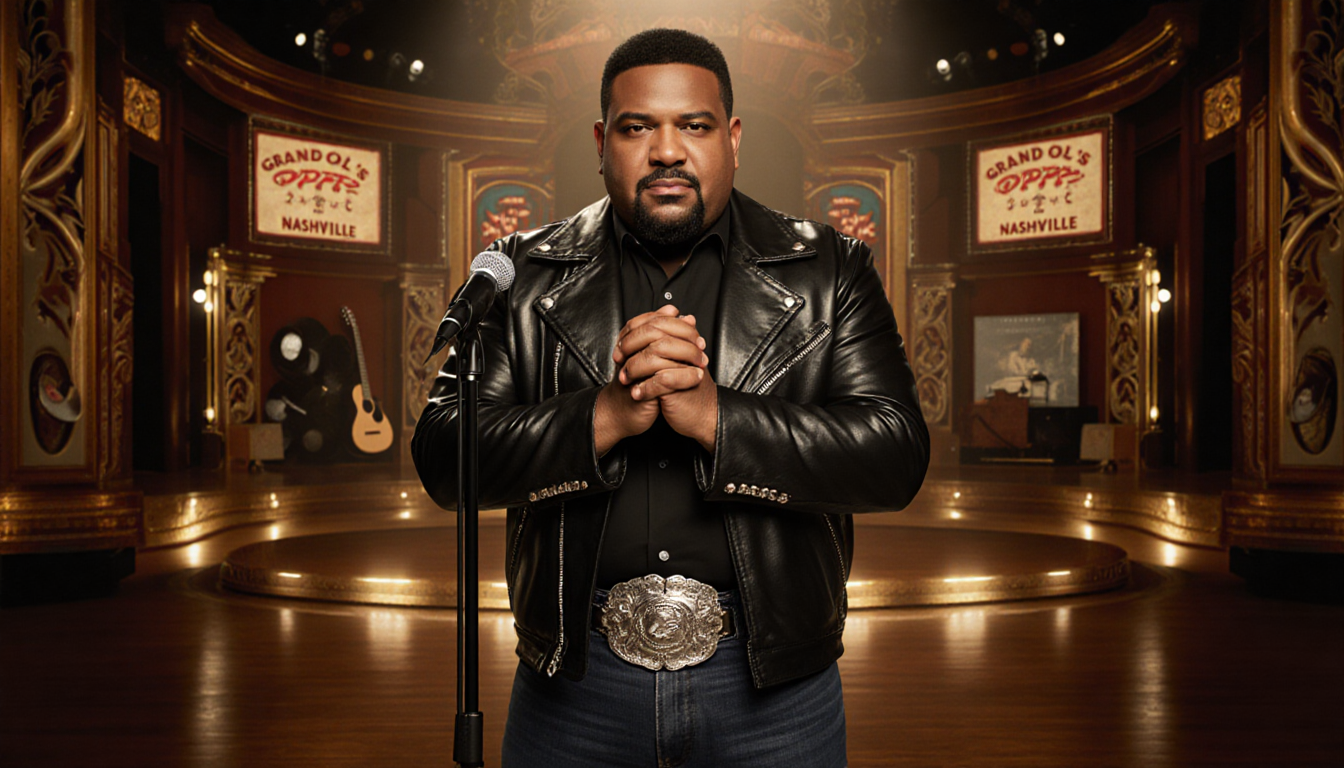 Jelly Roll confidently holds microphone at Grand Ole Opry stage with polished leather jacket reflecting golden details.