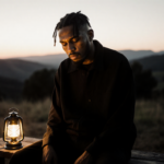 Jelly Roll sits on a worn wooden bench with a warm lantern glow and blurred hills in the dusk background