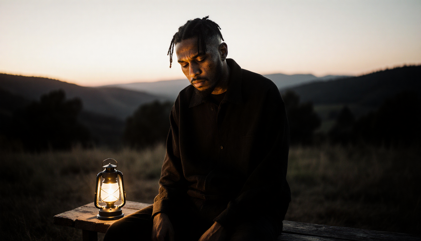 Jelly Roll sits on a worn wooden bench with a warm lantern glow and blurred hills in the dusk background