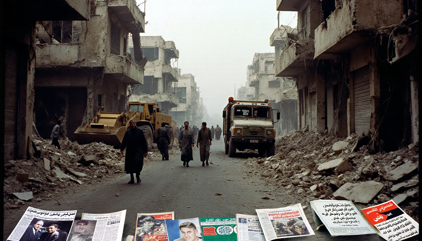 Palestinian residents fleeing through war-torn streets with Israeli military vehicles and news headlines scattered.