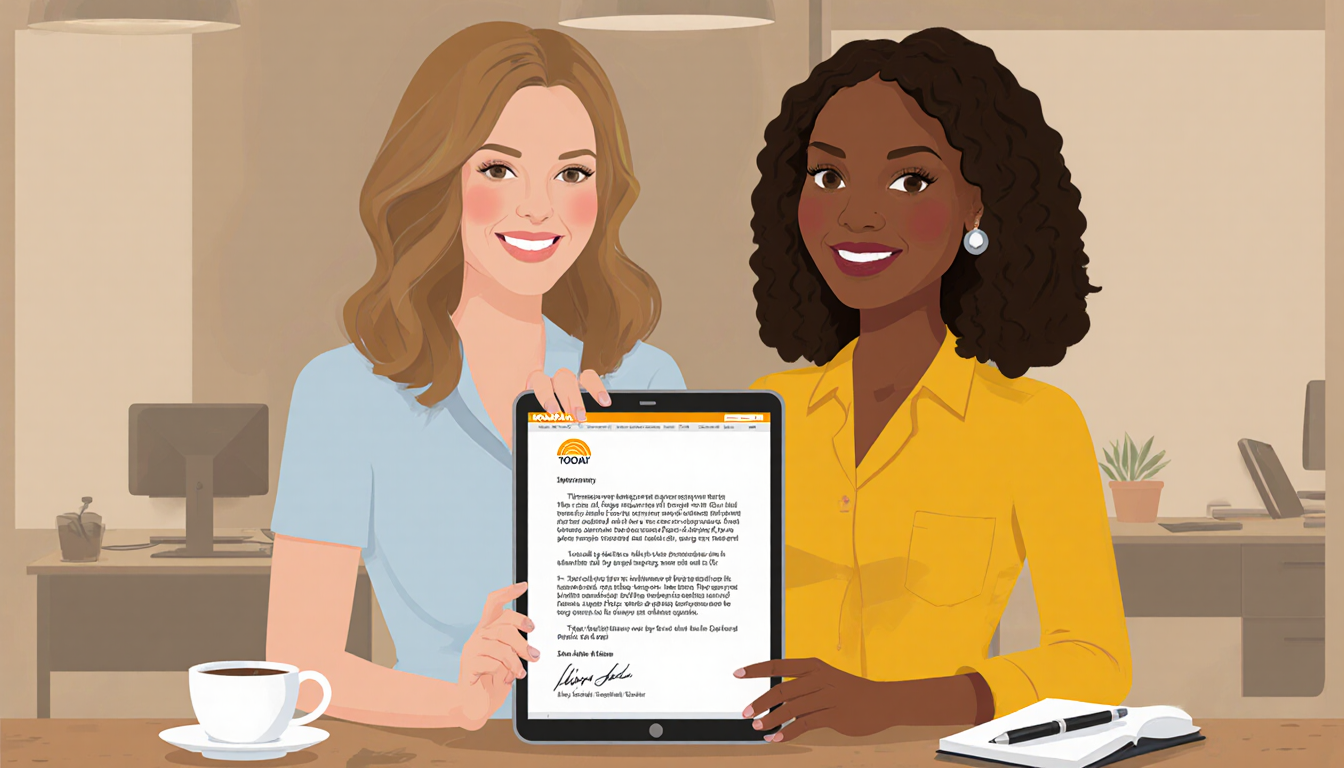 Two women standing side by side smiling with a tablet showing a statement and coffee cup near them in a warm newsroom.