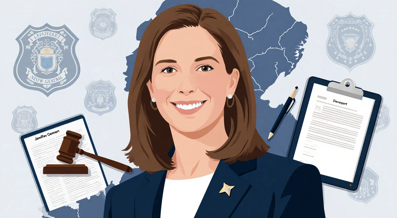 Jennifer Davenport standing before a New Jersey map with a gavel and pen and tablet showing documents as Attorney General nom