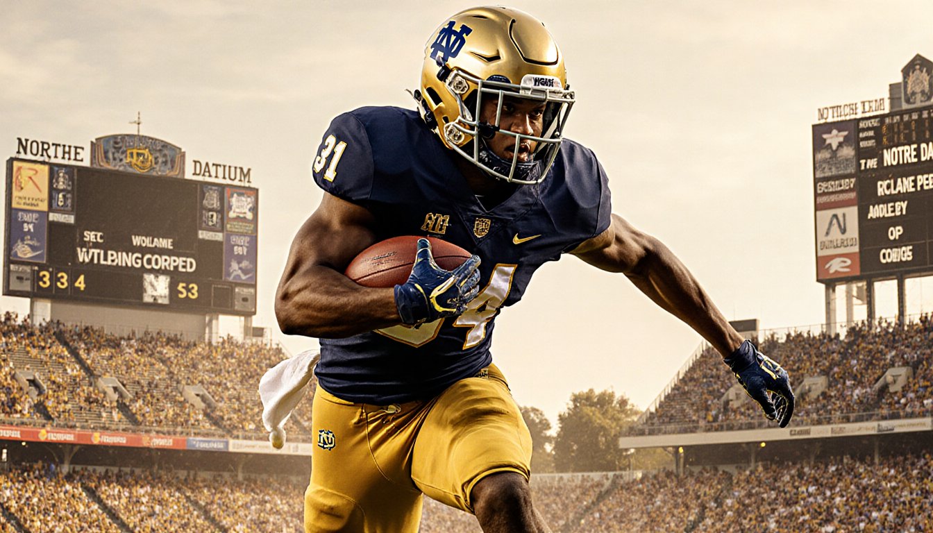 Jeremiyah Love breaking through a line with Dame stadium and autumn football colors in background