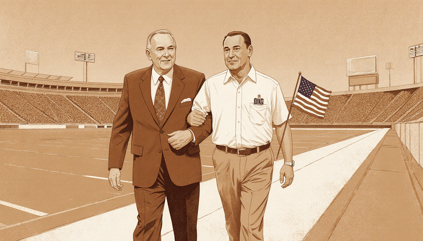Jerry Jones and Tom Hicks walking side by side with warm earthy tones and subtle stadium backdrop with a faint American flag